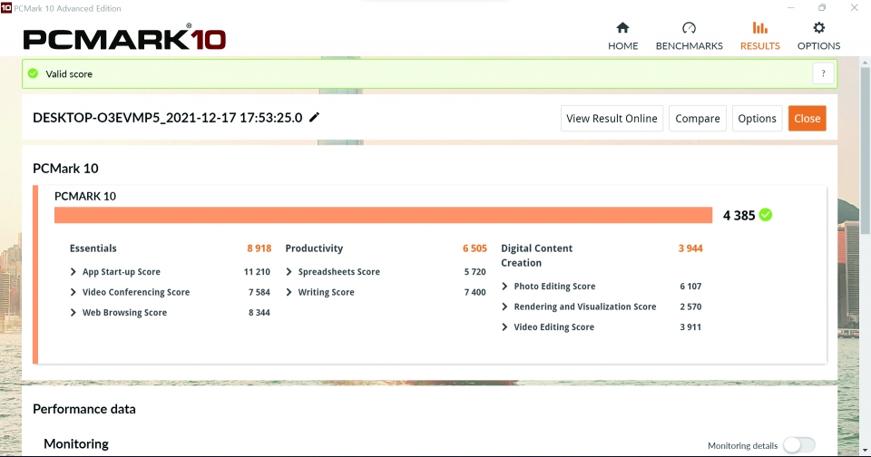 PCMARK 10 종합점수는 4,385점이었다. 다양한 용도로 사용하기에 충분하다.