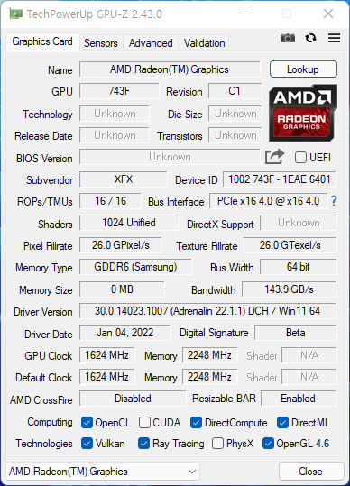 GPU-Z에서 그래픽카드 정보를 확인했다. PCIe 4.0 인터페이스 기반으로 4GB GDDR6 메모리를 채택했으며, OpenCL과 Vulkan, 레이 트레이싱 등을 지원한다.