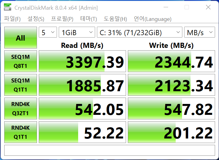 CrystalDiskMark 8.0.4에서 SSD 최대 읽기 속도는 3,397.39MB/s, 최대 쓰기 속도는 2,344.74MB/s였다.