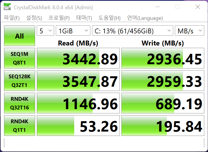 CrystalDiskMark 8.0.4 벤치마크에서 SSD 최대 읽기 속도는 3,547.87MB/s, 최대 쓰기 속도는 2959.33MB/s였다.