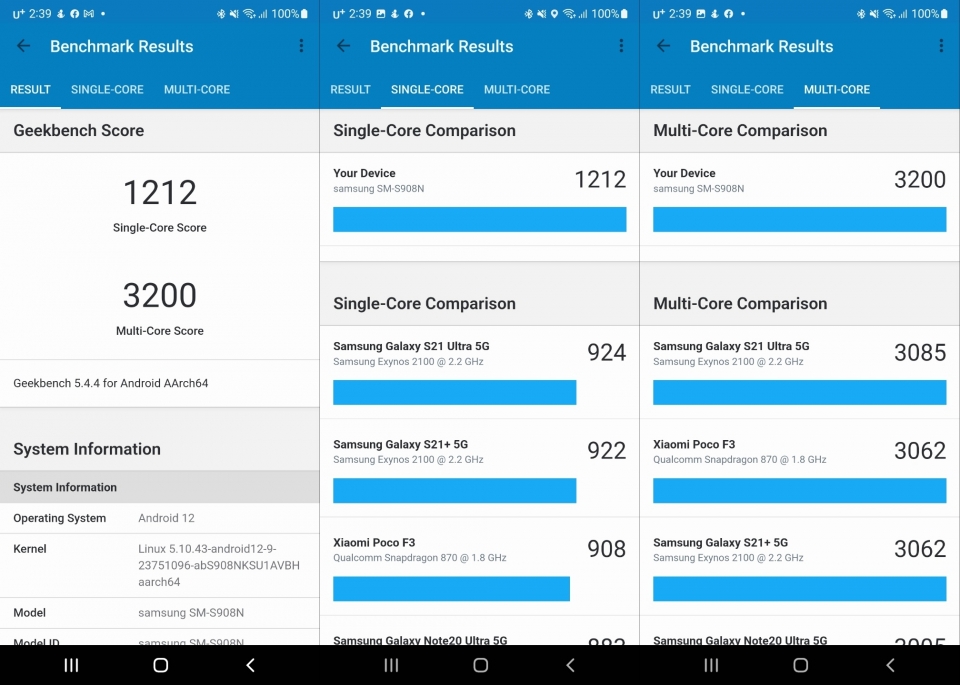 Geekbench 5 벤치마크에서 싱글 코어 점수는 1,212점, 멀티 코어 점수는 3,200점이었다. 문제는 GOS로 인해 성능을 100% 발휘하지 못하는 경우가 많다는 점이다.