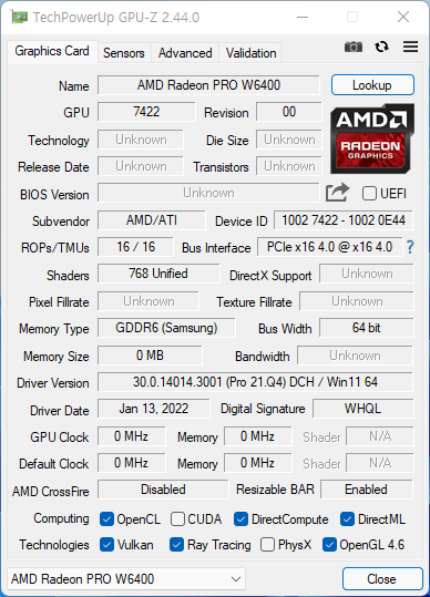 GPU-Z에서 그래픽카드 정보를 확인했다. 최신 그래픽카드여서 아직은 정보가 완벽하지 않지만 PCIe 4.0과 OpenCL, 레이 트레이싱, Vulcan 등을 지원함을 확인할 수 있다.