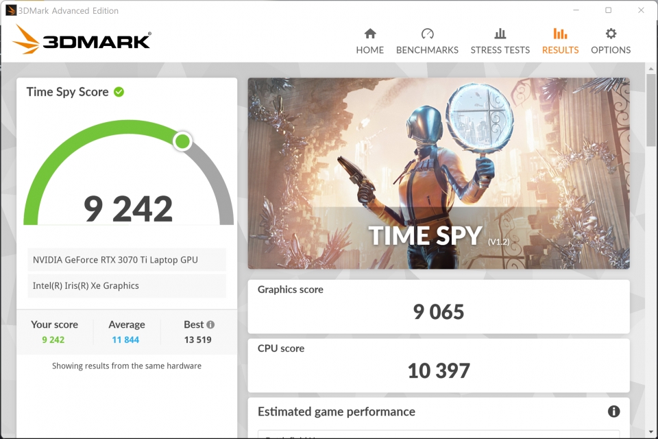 타임 스파이 벤치마크 그래픽스 스코어: 9,065점