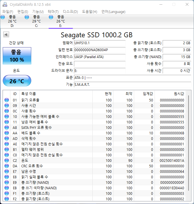 CrystalDiskInfo 8.12.5에서 외장SSD 정보를 확인했다. UASP 인터페이스 기반으로 S.M.A.R.T를 지원한다.