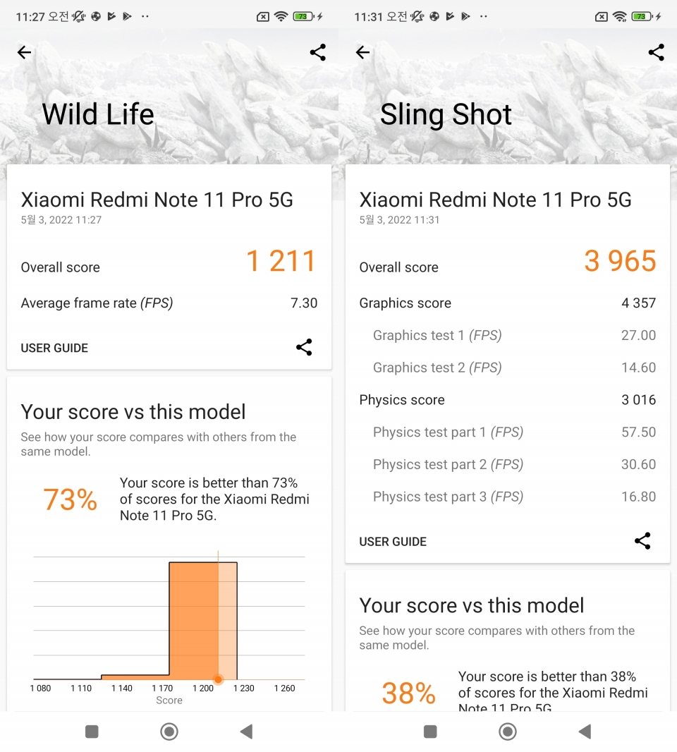 3DMARK Wild Life/Sling Shot 테스트 결과.