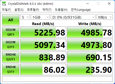 연속 읽기 속도는 5225MB/s, 연속 쓰기 속도는 4985MB/s로 확인됐다.