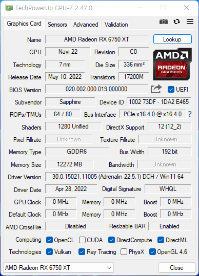 GPU-Z에서 그래픽카드 정보를 확인했다. 7nm 공정으로 만들어졌으며, PCIe 4.0 인터페이스를 지원한다. 메모리는 GDDR6를 사용했고, OpenCL과 Vulkan, 레이 트레이싱을 지원한다.