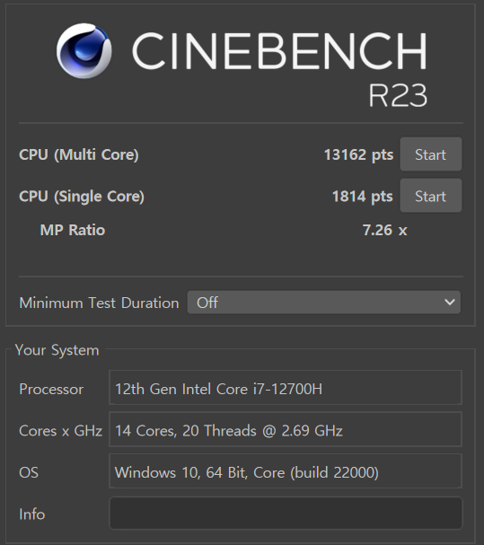 Cinebench R23에서 싱글 코어 점수는 1,814점, 멀티 코어 점수는 13,162점이었다.