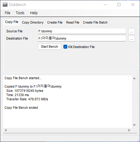 외장SSD 내부에 10GB 상당의 더미 파일을 만든 다음 내부 폴더에 이를 복사했다. DiskBench에서 측정한 결과 복사가 완료되기까지 약 21.3초가 소요되었으며, 전송률은 약 479.87MB/s였다.