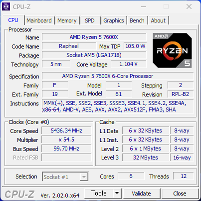 CPU-Z로 프로세서 정보를 확인했다. AM5 소켓을 사용하며 5nm 공정으로 제작되었다. L2 캐시는 6MB, L3 캐시는 32MB다. 코어 구성은 6코어 12스레드다.