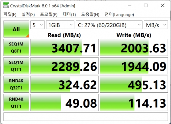 크리스탈 디스크 마크로 속도를 측정해보니 NVMe SSD의 연속 읽기 속도는 3407MB/s, 연속 쓰기 속도는 2003MB/s로 측정됐다.