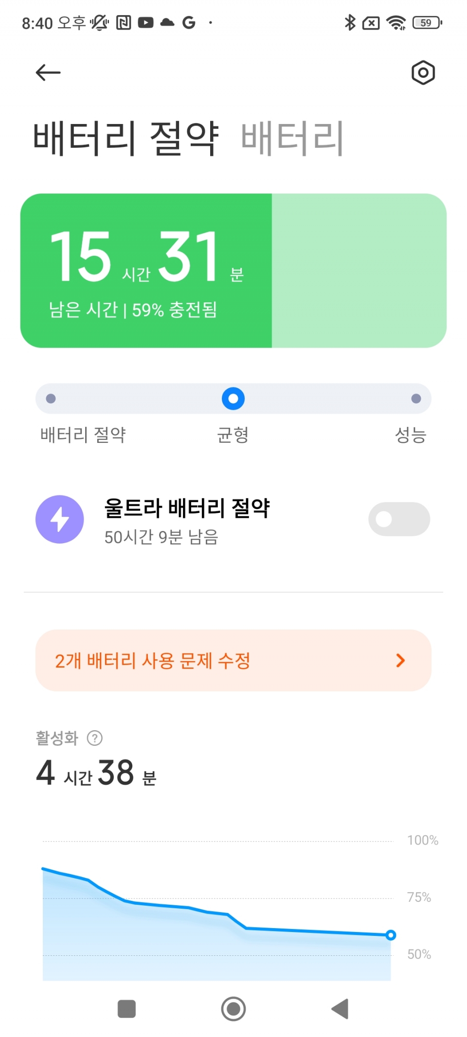 스마트폰 충전 전 배터리 상황이다.