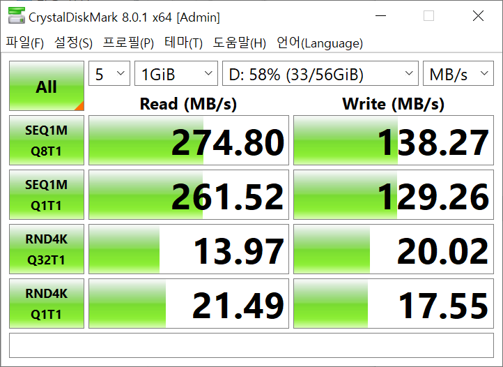 크리스탈 디스크 마크로 속도를 측정해보니 eMMC의 연속 읽기 속도는 274.8MB/s, 연속 쓰기 속도는 138.27MB/s로 측정됐다.