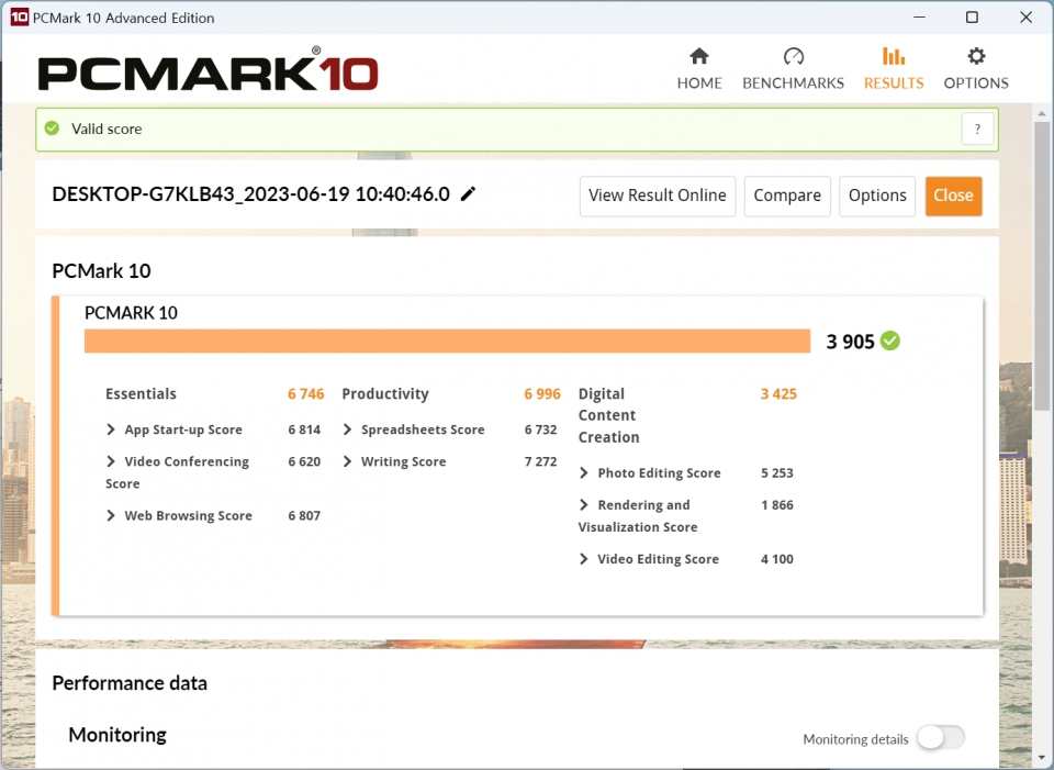 PCMARK 10 벤치마크에서는 3,905점을 기록했다.