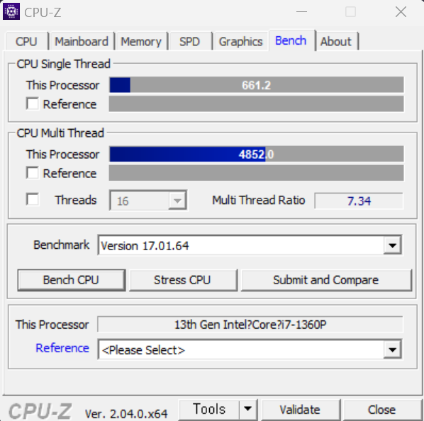 CPU-Z 벤치마크 결과 싱글 스레드 661.2점, 멀티 스레드 4852.0점을 기록했다.