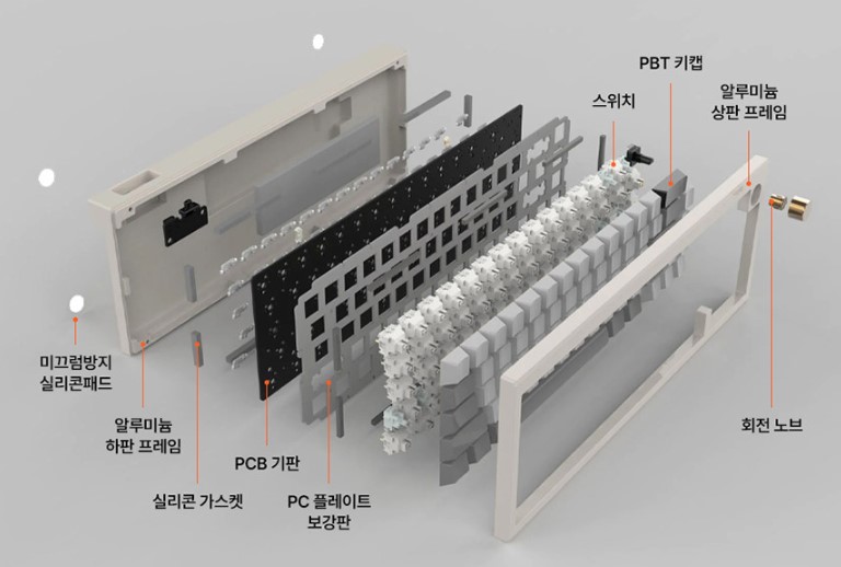 알루미늄 프레임을 적용했고 실리콘 가스켓. PCB 보강판을 더해 정숙한 타건음을 구현했다.