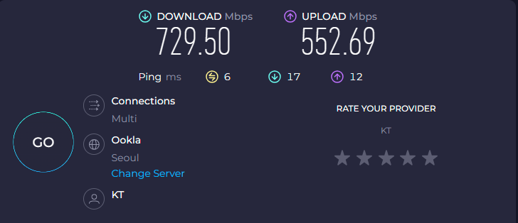 노트북에 내장된 무선 랜 모듈로 테스트해보니, 다운로드 속도 729.50Mbps, 업로드 속도 552.69Mbps, 핑 6ms를 기록했다.