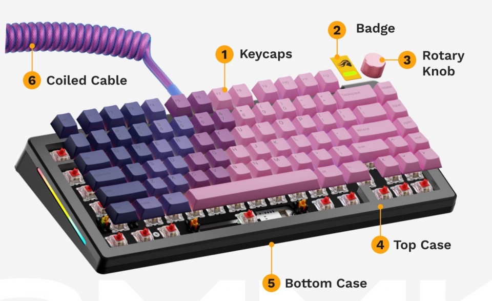 상판, 보강판, 키캡, 스위치, 배지 등 다양한 부위의 커스터마이징이 가능하다.